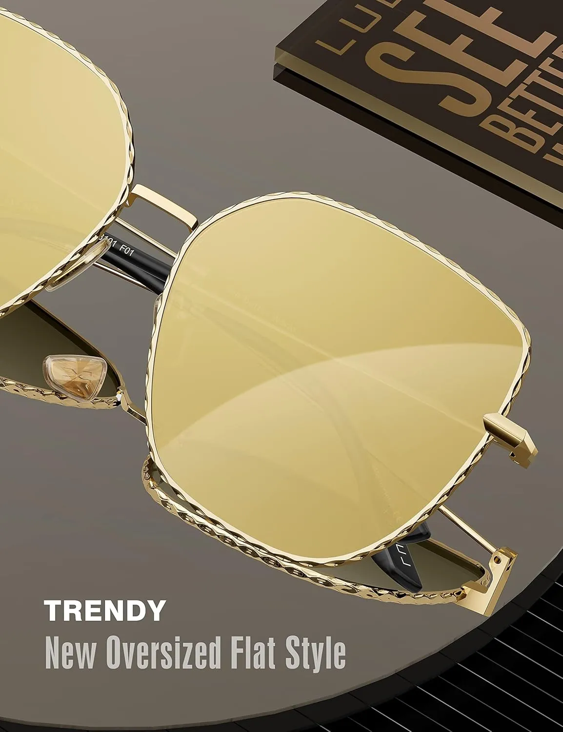 LUENX Trendy Square Oversized Women Aviator Sunglasses - Polygon Flat Three dimensional Rhombic Loop Wire Frame PC Lens