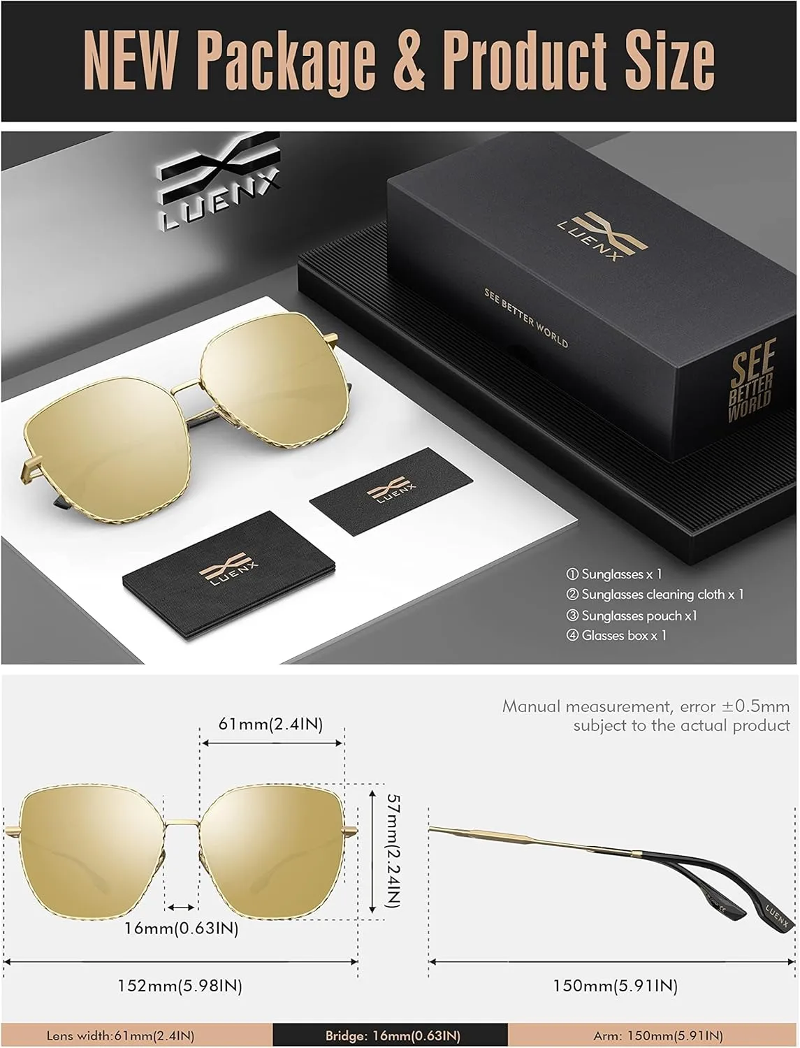 LUENX Trendy Square Oversized Women Aviator Sunglasses - Polygon Flat Three dimensional Rhombic Loop Wire Frame PC Lens