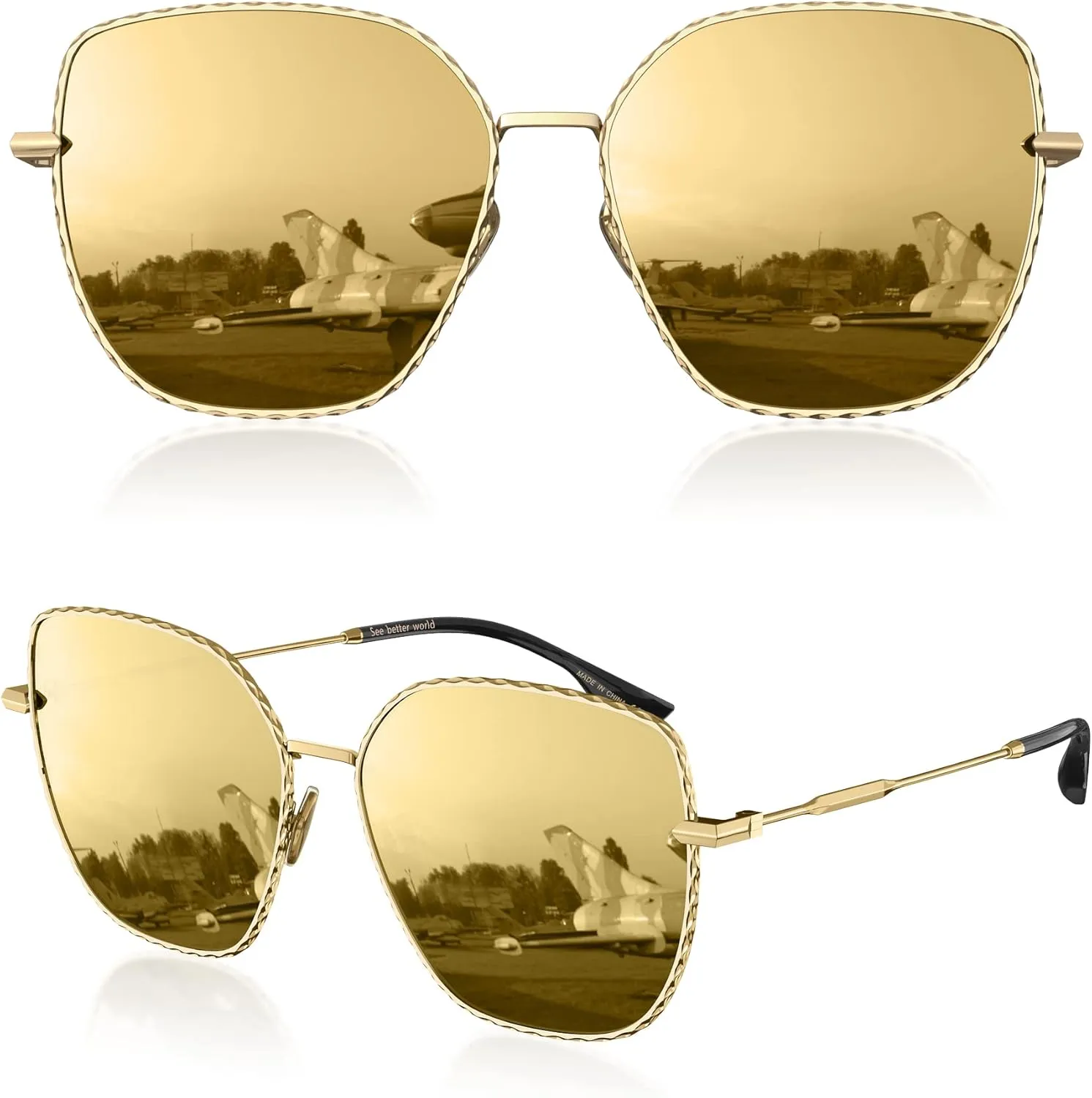 LUENX Trendy Square Oversized Women Aviator Sunglasses - Polygon Flat Three dimensional Rhombic Loop Wire Frame PC Lens