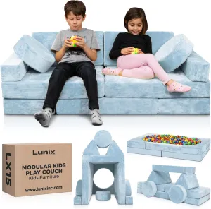 Lunix LX15 14pcs Modular Kids Play Couch, Child Sectional Sofa, Fortplay Bedroom and Playroom Furniture for Toddlers, Convertible Foam and Floor Cushion for Boys and Girls, Blue