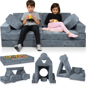 Lunix LX15 14pcs Modular Kids Play Couch, Child Sectional Sofa, Fortplay Bedroom and Playroom Furniture for Toddlers, Convertible Foam and Floor Cushion for Boys and Girls, Gray