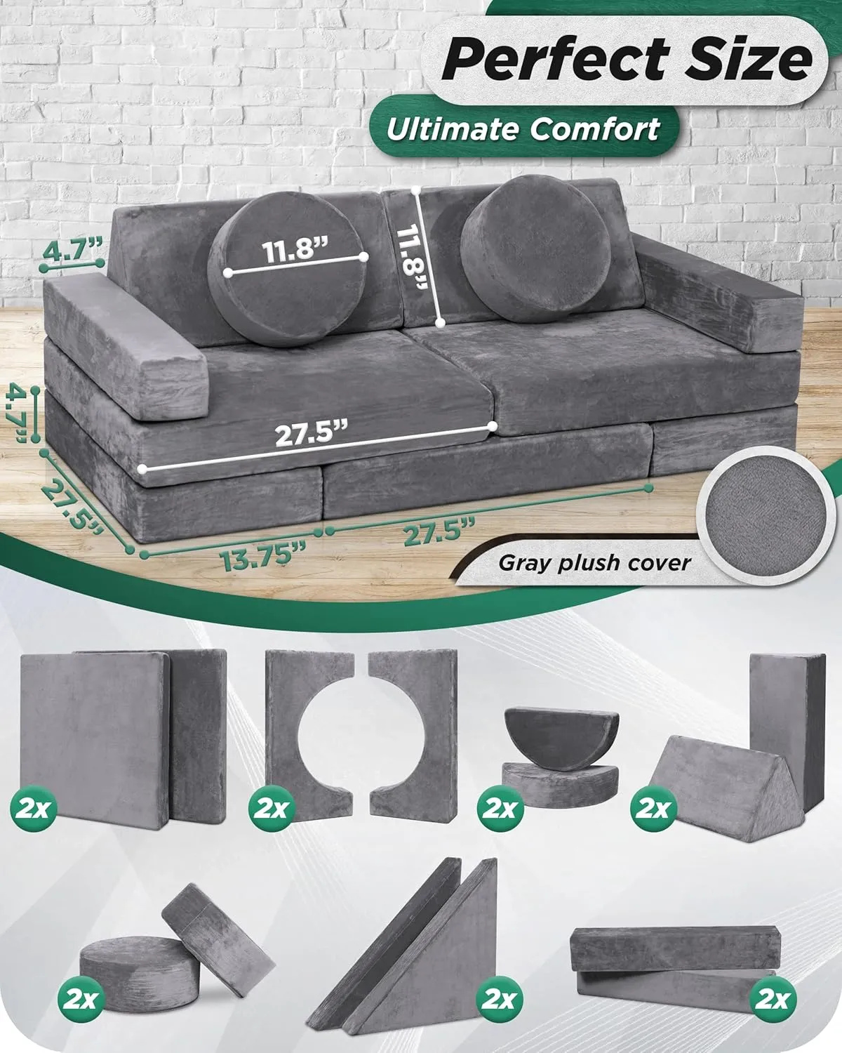 Lunix LX15 14pcs Modular Kids Play Couch, Child Sectional Sofa, Fortplay Bedroom and Playroom Furniture for Toddlers, Convertible Foam and Floor Cushion for Boys and Girls, Steel Gray
