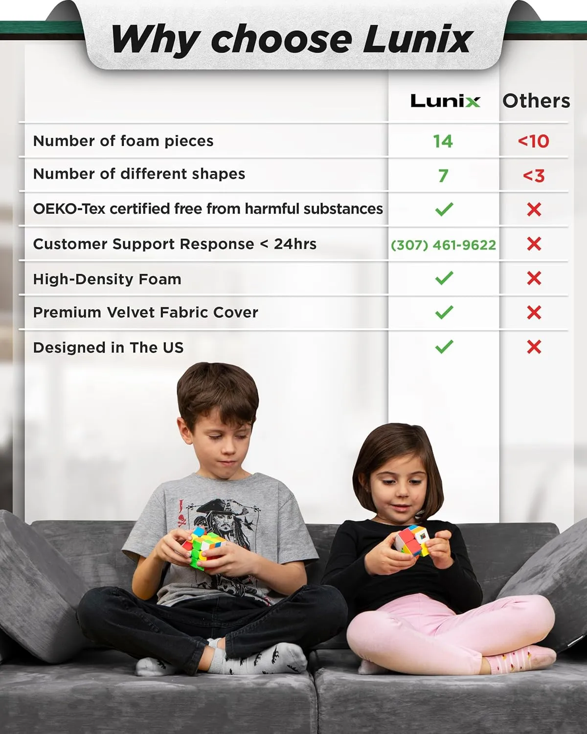 Lunix LX15 14pcs Modular Kids Play Couch, Child Sectional Sofa, Fortplay Bedroom and Playroom Furniture for Toddlers, Convertible Foam and Floor Cushion for Boys and Girls, Steel Gray
