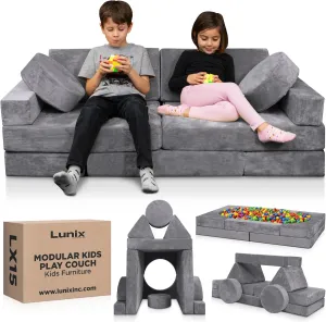Lunix LX15 14pcs Modular Kids Play Couch, Child Sectional Sofa, Fortplay Bedroom and Playroom Furniture for Toddlers, Convertible Foam and Floor Cushion for Boys and Girls, Steel Gray