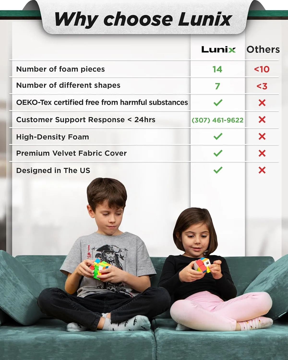 Lunix LX15 14pcs Modular Kids Play Couch, Child Sectional Sofa, Fortplay Bedroom and Playroom Furniture for Toddlers, Convertible Foam and Floor Cushion for Boys and Girls, Teal Blue