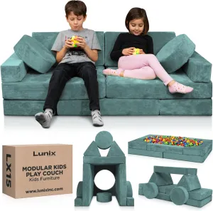 Lunix LX15 14pcs Modular Kids Play Couch, Child Sectional Sofa, Fortplay Bedroom and Playroom Furniture for Toddlers, Convertible Foam and Floor Cushion for Boys and Girls, Teal Blue
