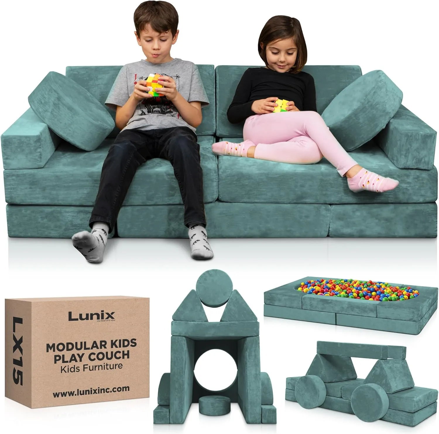 Lunix LX15 14pcs Modular Kids Play Couch, Child Sectional Sofa, Fortplay Bedroom and Playroom Furniture for Toddlers, Convertible Foam and Floor Cushion for Boys and Girls, Teal Blue