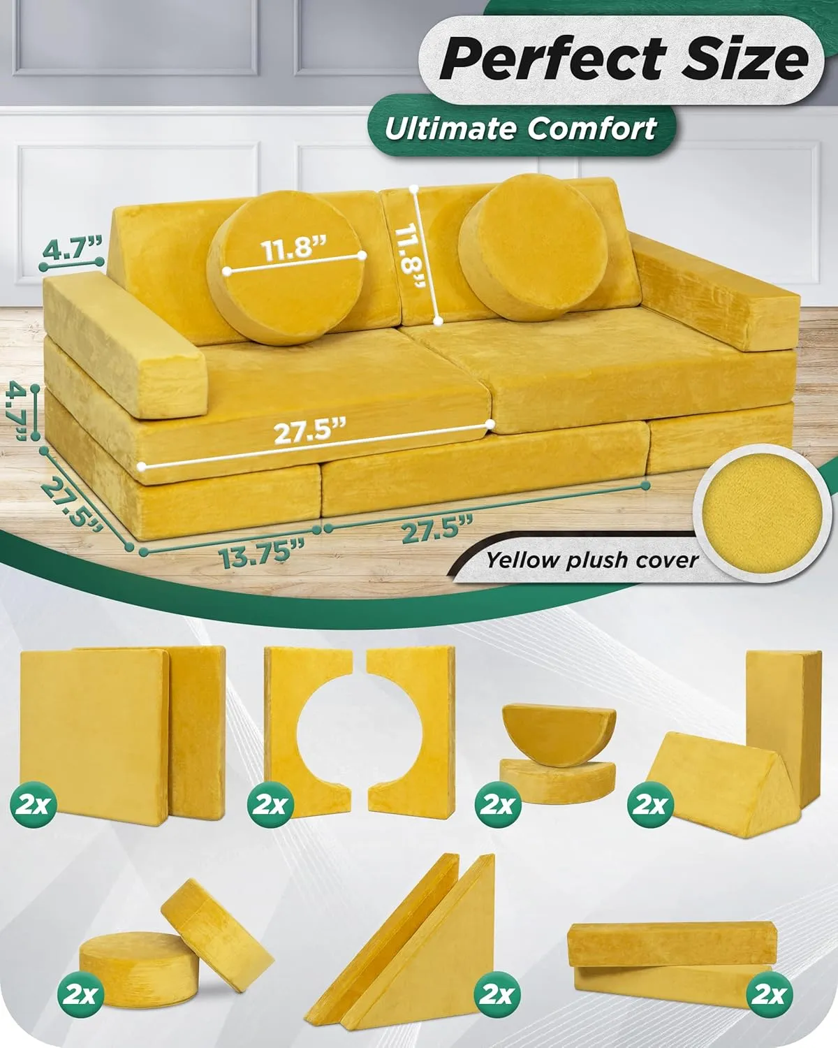 Lunix LX15 14pcs Modular Kids Play Couch, Child Sectional Sofa, Fortplay Bedroom and Playroom Furniture for Toddlers, Convertible Foam and Floor Cushion for Boys and Girls, Yellow