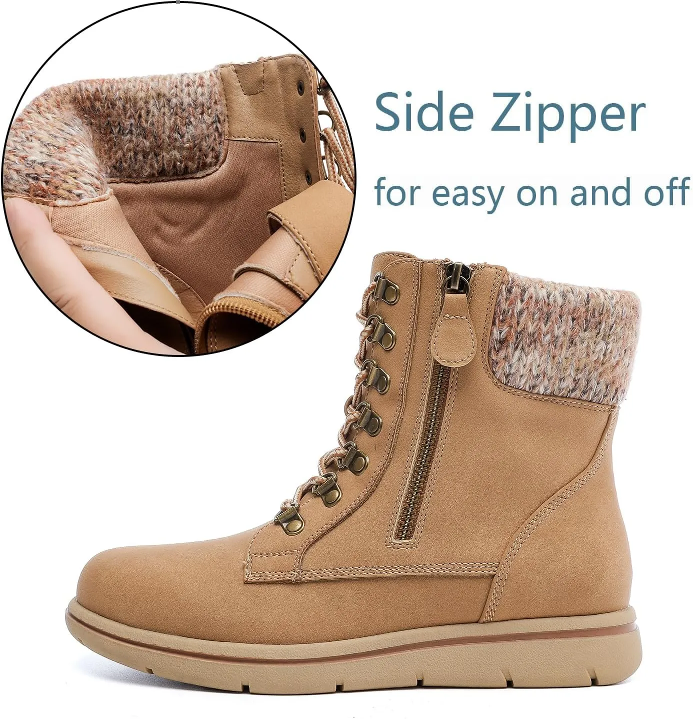 Luoika Women's Wide Width Ankle Boots, Flat Heel Side Zipper Lace Up Plus Size Short Booties.