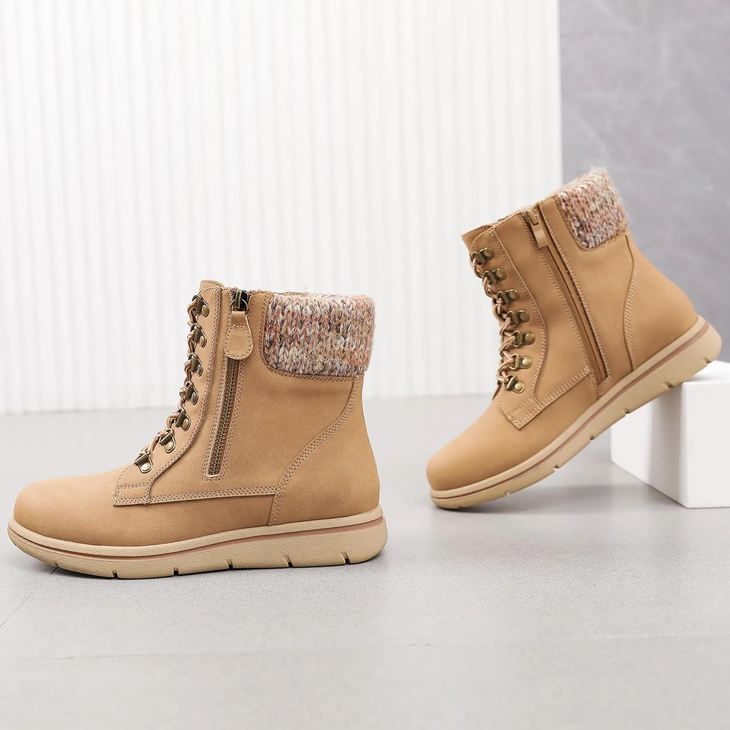 Luoika Women's Wide Width Ankle Boots, Flat Heel Side Zipper Lace Up Plus Size Short Booties.