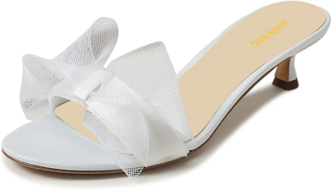 Maiyang Women Open Round Toe Mesh Bowknot Slip on Mules Low Kitten Heel Comfortable Slide Sandals Party Casual Dress Shoes Size 4-16 US