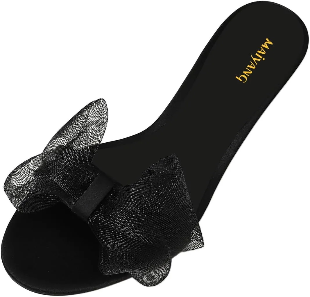 Maiyang Women Open Round Toe Mesh Bowknot Slip on Mules Low Kitten Heel Comfortable Slide Sandals Party Casual Dress Shoes Size 4-16 US