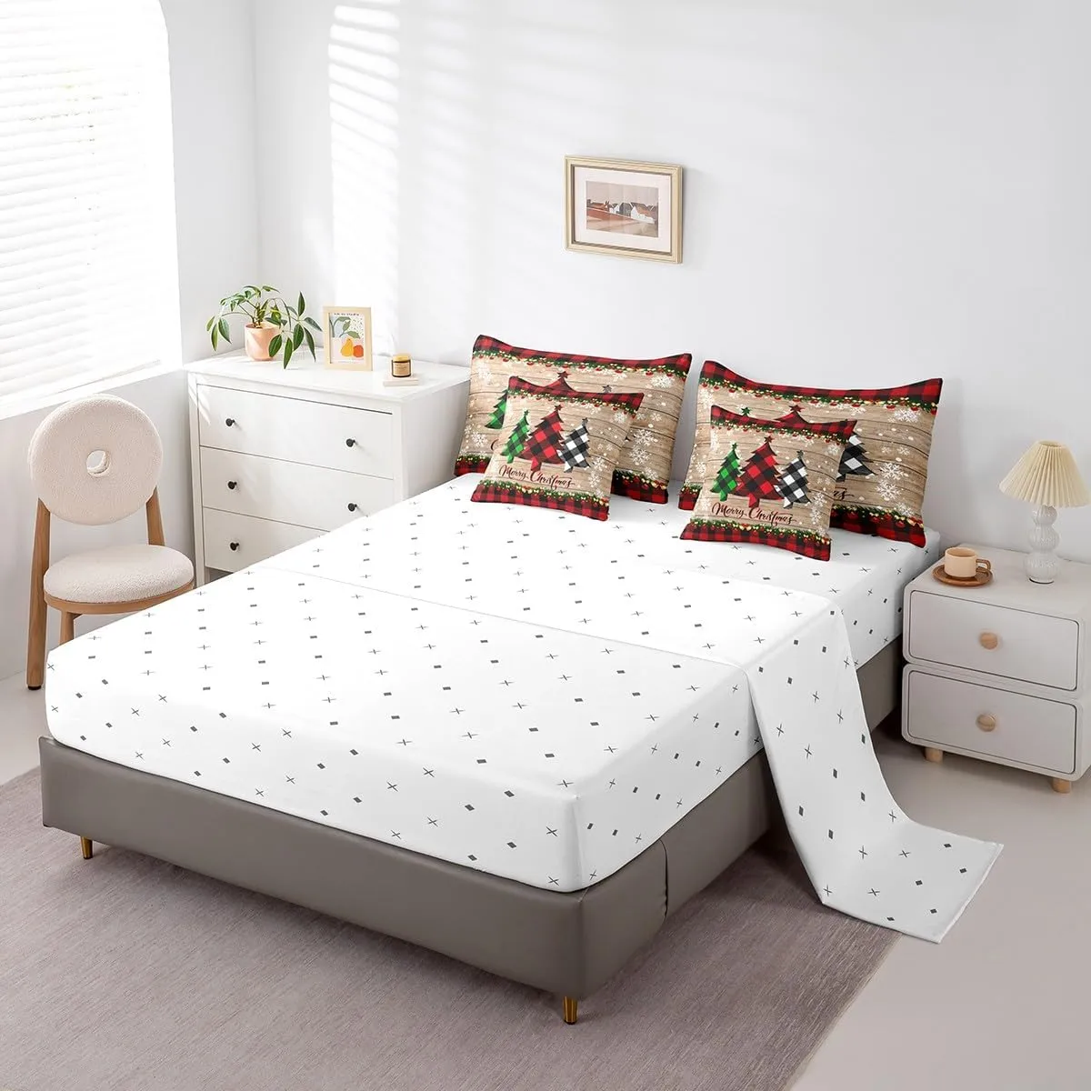 Manfei 7 Pieces Christmas Comforter Set Full Size, Plaid Xmas Tree Bedding Set for Kids Boys Girls, Black Red Plaid Wooden Plank Bed in a Bag with Comforter, Fitted Sheet, Flat Sheet and Pillowcases