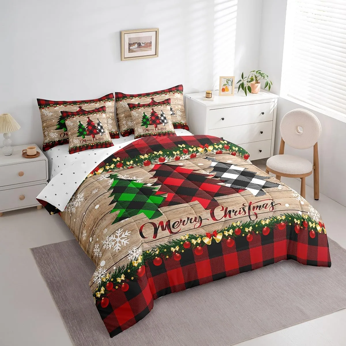 Manfei 7 Pieces Christmas Comforter Set Full Size, Plaid Xmas Tree Bedding Set for Kids Boys Girls, Black Red Plaid Wooden Plank Bed in a Bag with Comforter, Fitted Sheet, Flat Sheet and Pillowcases