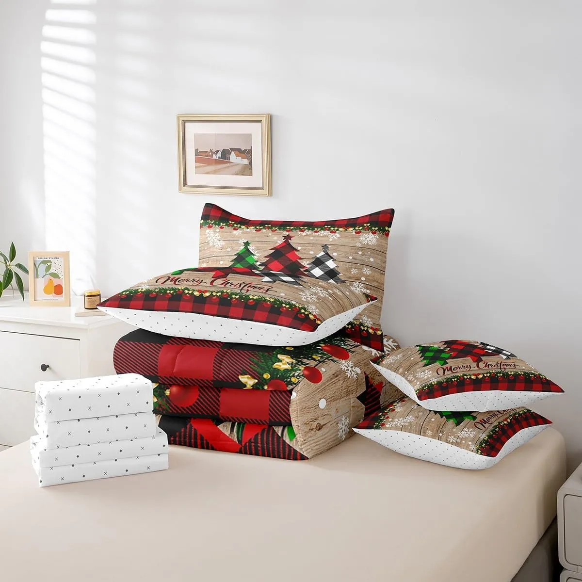 Manfei 7 Pieces Christmas Comforter Set Full Size, Plaid Xmas Tree Bedding Set for Kids Boys Girls, Black Red Plaid Wooden Plank Bed in a Bag with Comforter, Fitted Sheet, Flat Sheet and Pillowcases