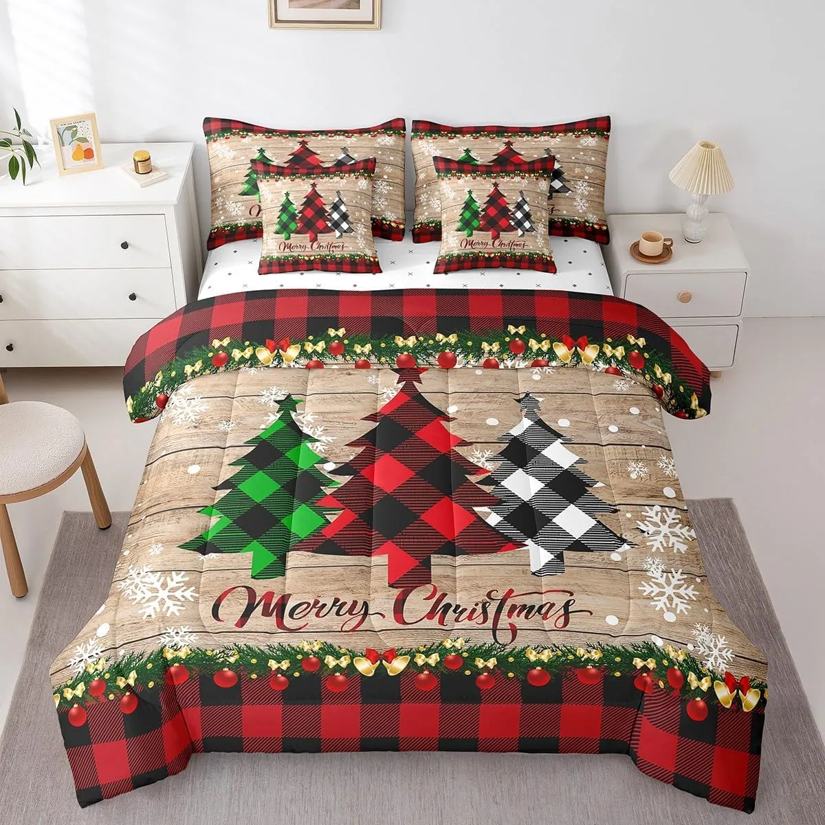 Manfei 7 Pieces Christmas Comforter Set Full Size, Plaid Xmas Tree Bedding Set for Kids Boys Girls, Black Red Plaid Wooden Plank Bed in a Bag with Comforter, Fitted Sheet, Flat Sheet and Pillowcases