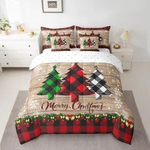 Manfei 7 Pieces Christmas Comforter Set Full Size, Plaid Xmas Tree Bedding Set for Kids Boys Girls, Black Red Plaid Wooden Plank Bed in a Bag with Comforter, Fitted Sheet, Flat Sheet and Pillowcases
