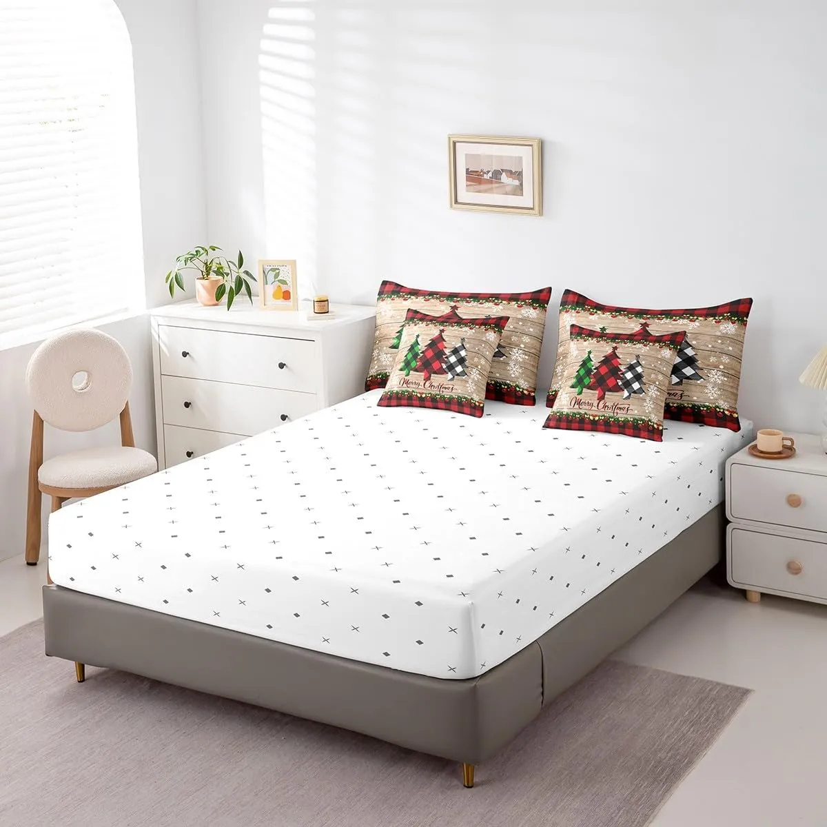 Manfei 7 Pieces Christmas Comforter Set Full Size, Plaid Xmas Tree Bedding Set for Kids Boys Girls, Black Red Plaid Wooden Plank Bed in a Bag with Comforter, Fitted Sheet, Flat Sheet and Pillowcases