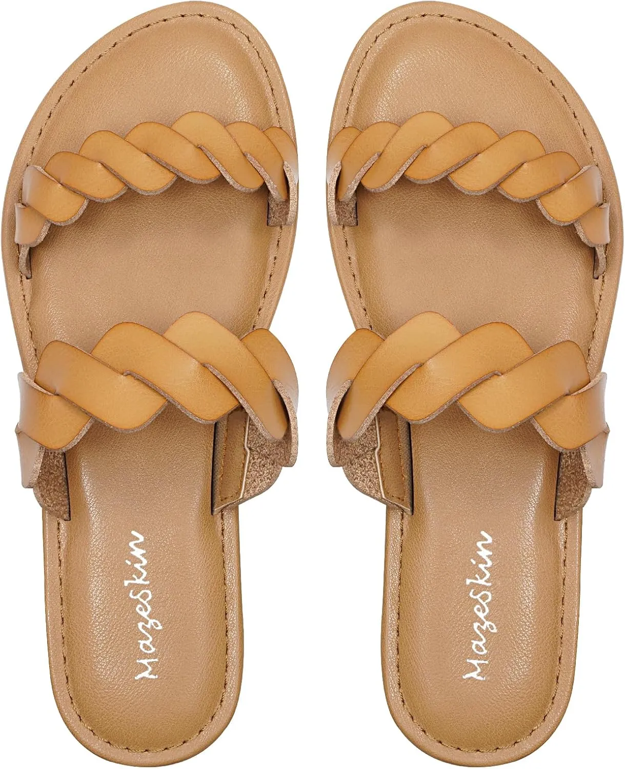 mazeskin Women's Memory Foam Two Braid Band Comfortable Summer Flat Slide Sandals