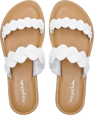 mazeskin Women's Memory Foam Two Braid Band Comfortable Summer Flat Slide Sandals