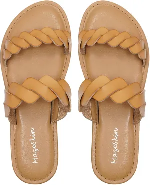 mazeskin Women's Memory Foam Two Braid Band Comfortable Summer Flat Slide Sandals