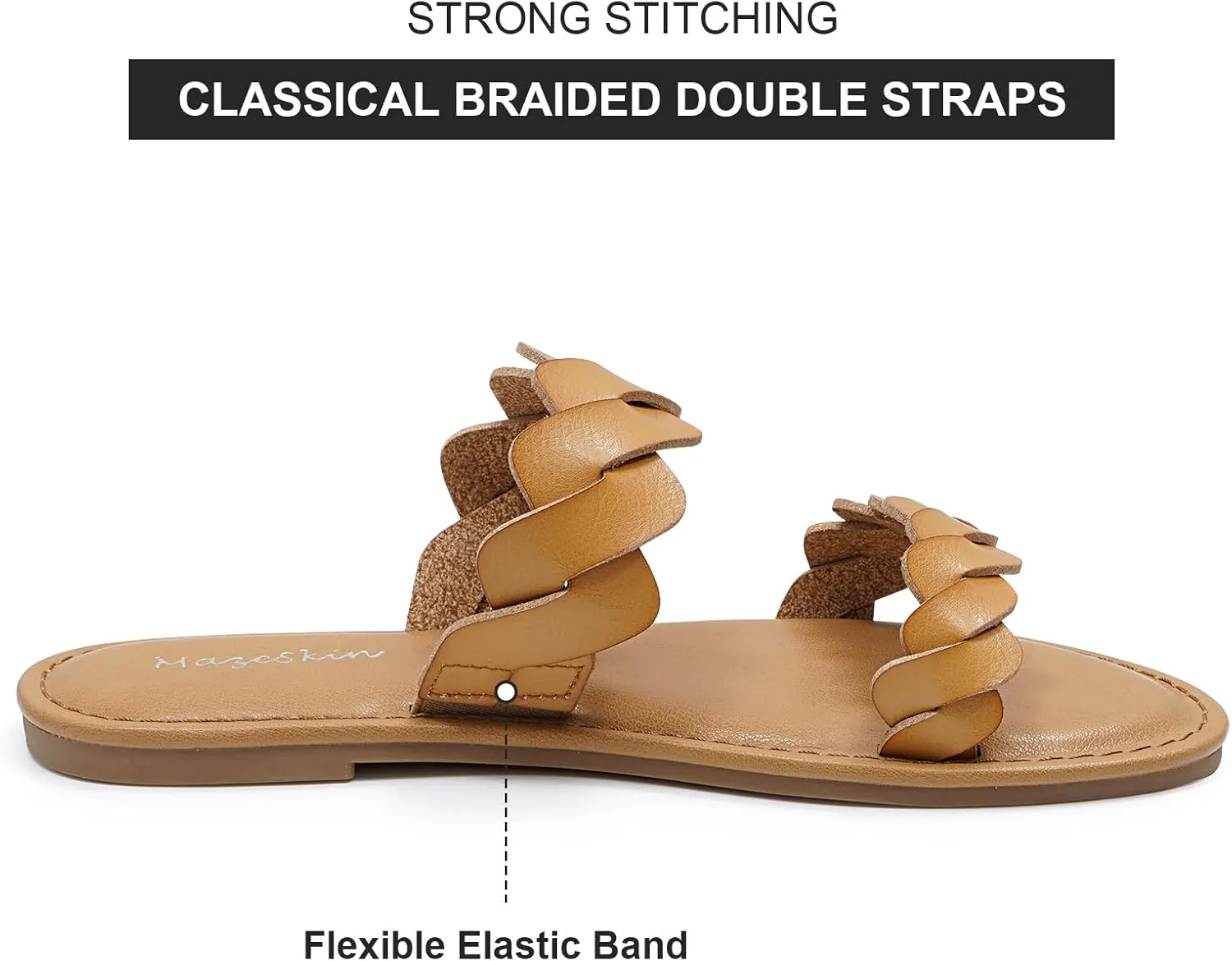 mazeskin Women's Memory Foam Two Braid Band Comfortable Summer Flat Slide Sandals