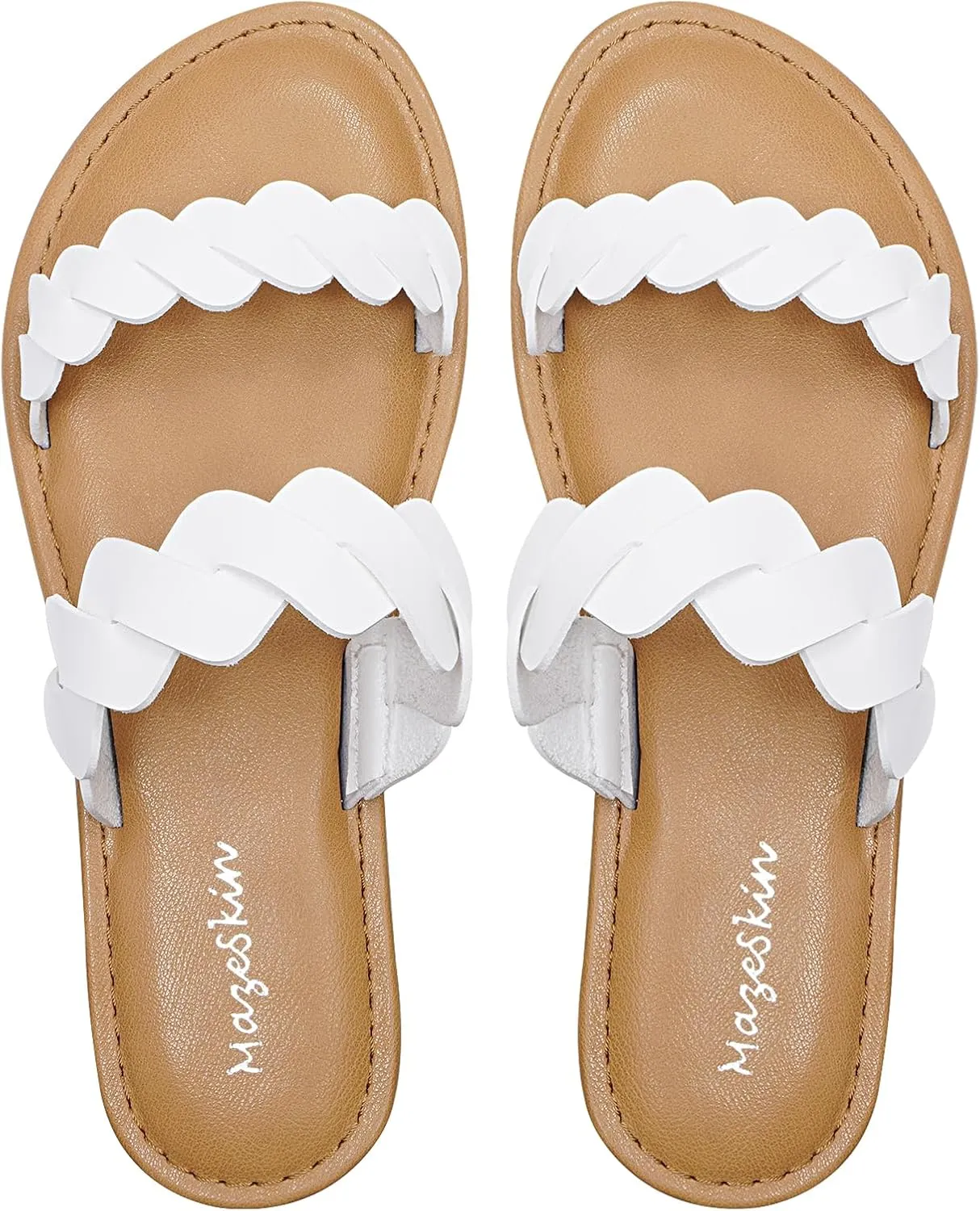 mazeskin Women's Memory Foam Two Braid Band Comfortable Summer Flat Slide Sandals