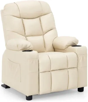 MCombo Big Kids Recliner for Ages 3 , Child Reclining Chair, Toddlers Recliner Sofa with Cup Holders (Faux Leather, Cream White)