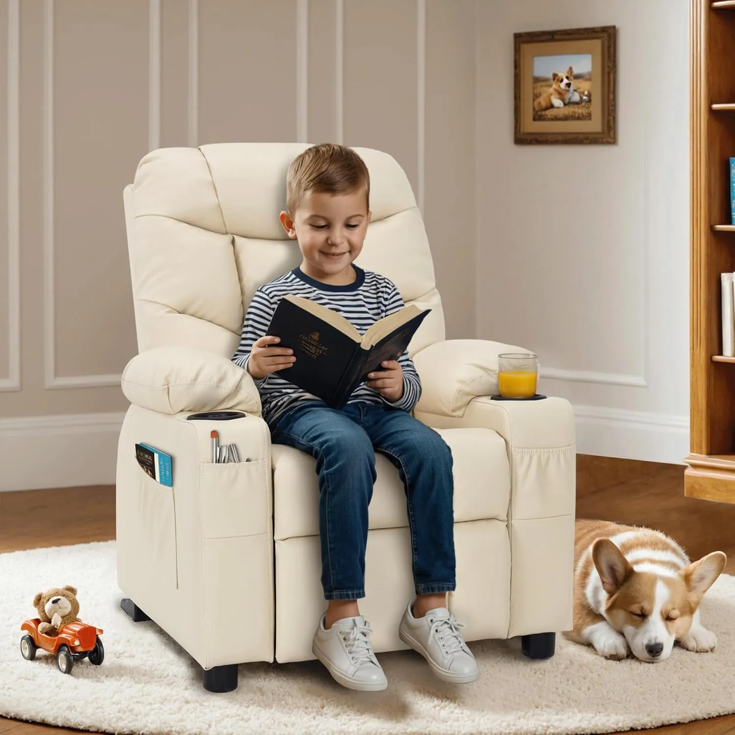 MCombo Big Kids Recliner for Ages 3 , Child Reclining Chair, Toddlers Recliner Sofa with Cup Holders (Faux Leather, Cream White)