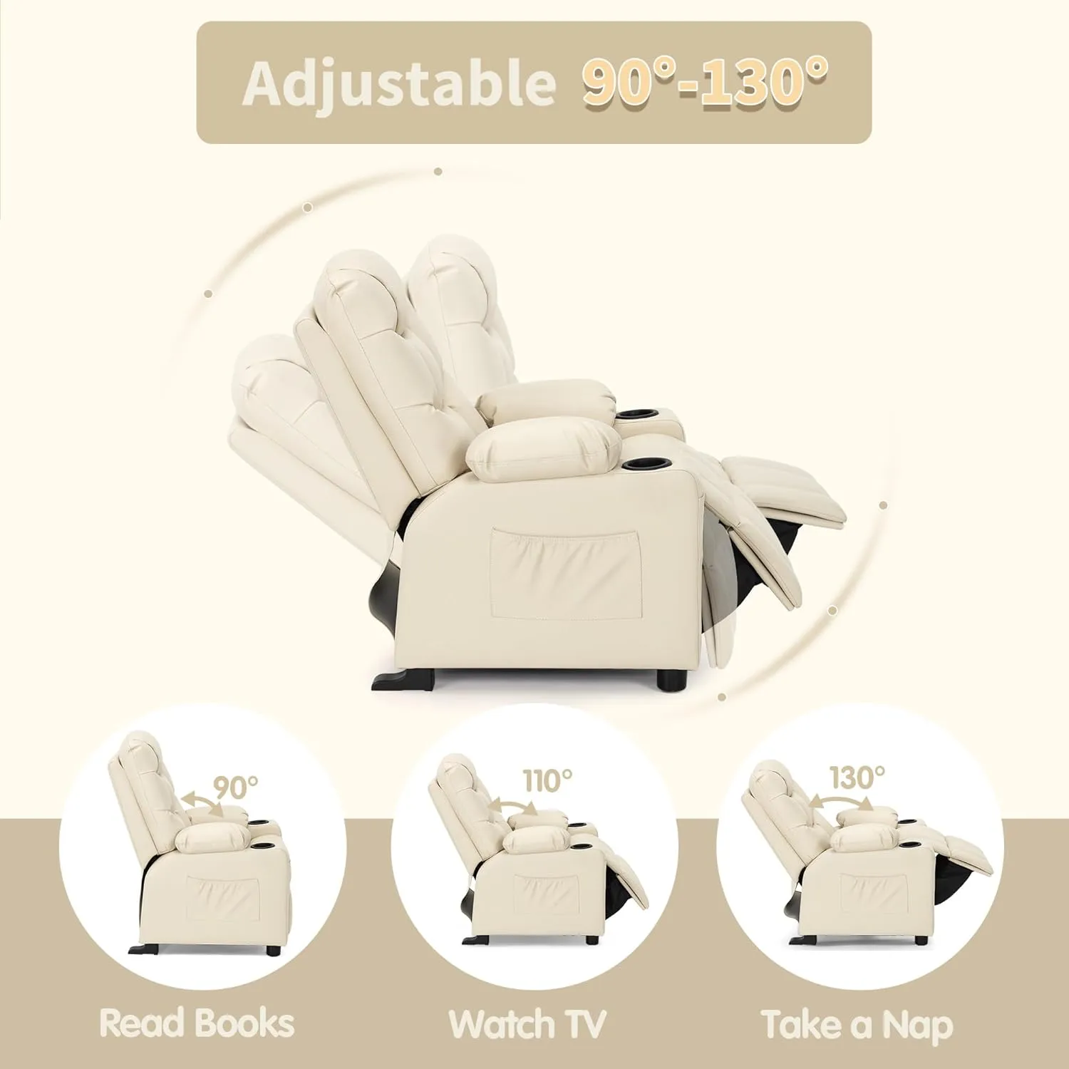 MCombo Big Kids Recliner for Ages 3 , Child Reclining Chair, Toddlers Recliner Sofa with Cup Holders (Faux Leather, Cream White)