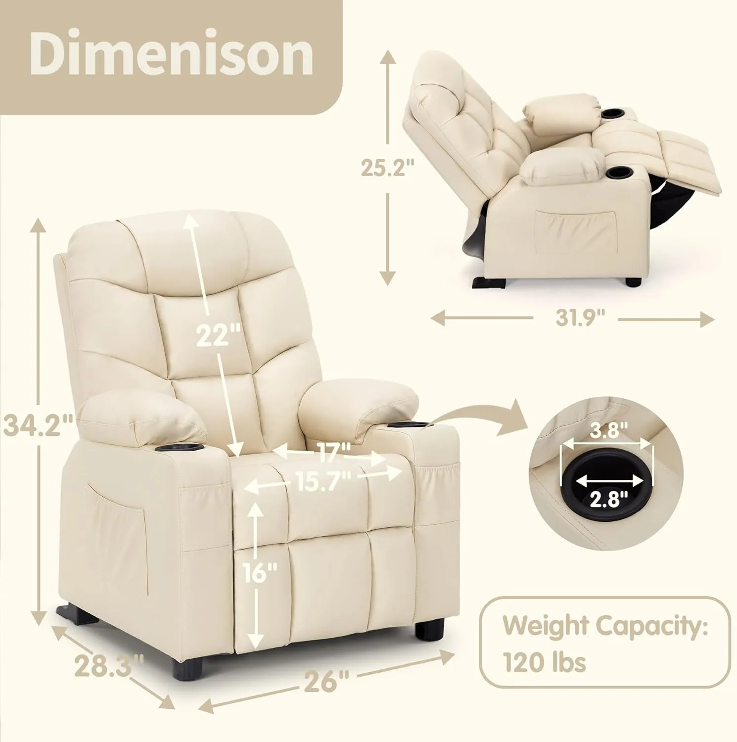 MCombo Big Kids Recliner for Ages 3 , Child Reclining Chair, Toddlers Recliner Sofa with Cup Holders (Faux Leather, Cream White)