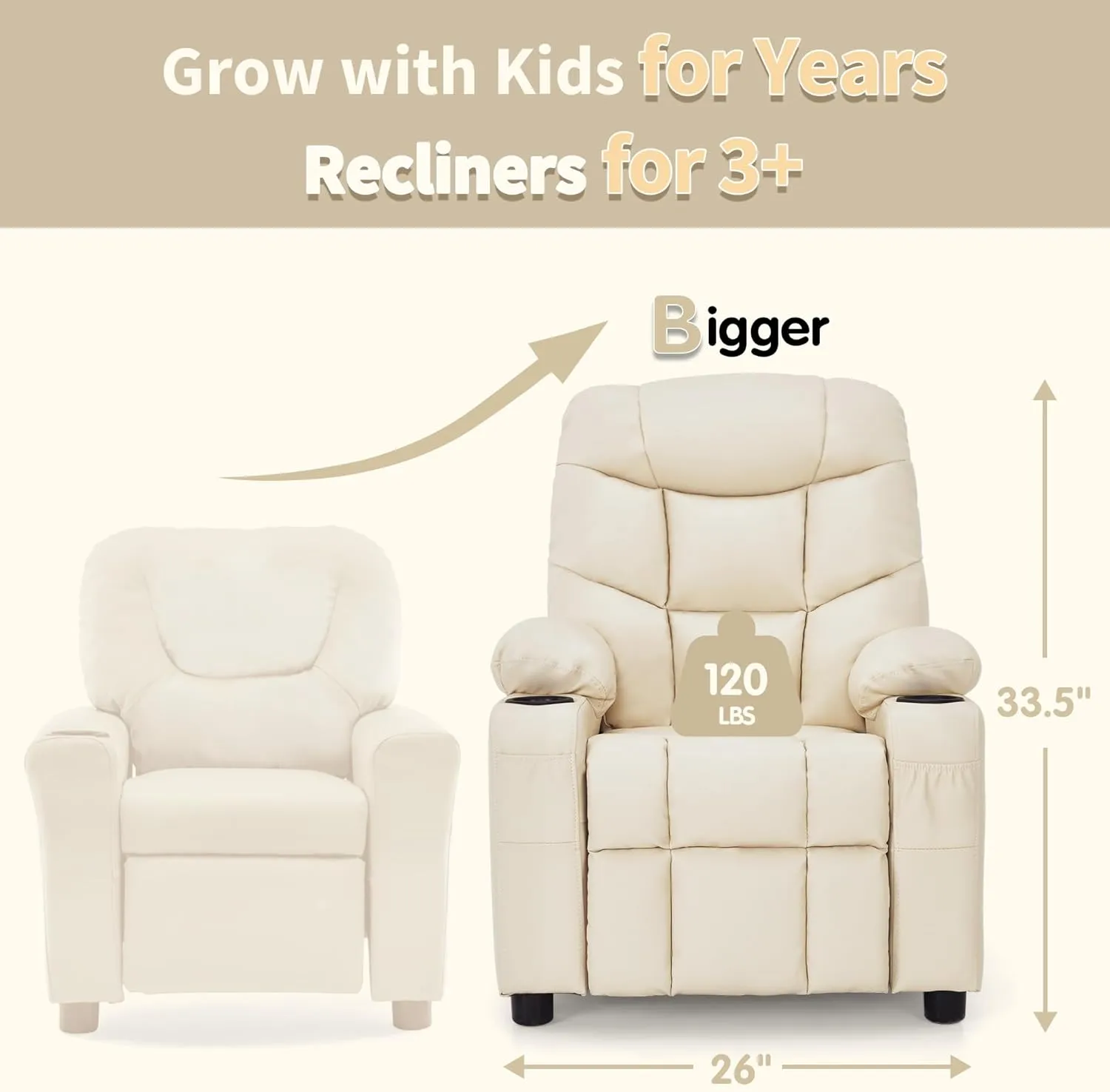 MCombo Big Kids Recliner for Ages 3 , Child Reclining Chair, Toddlers Recliner Sofa with Cup Holders (Faux Leather, Cream White)