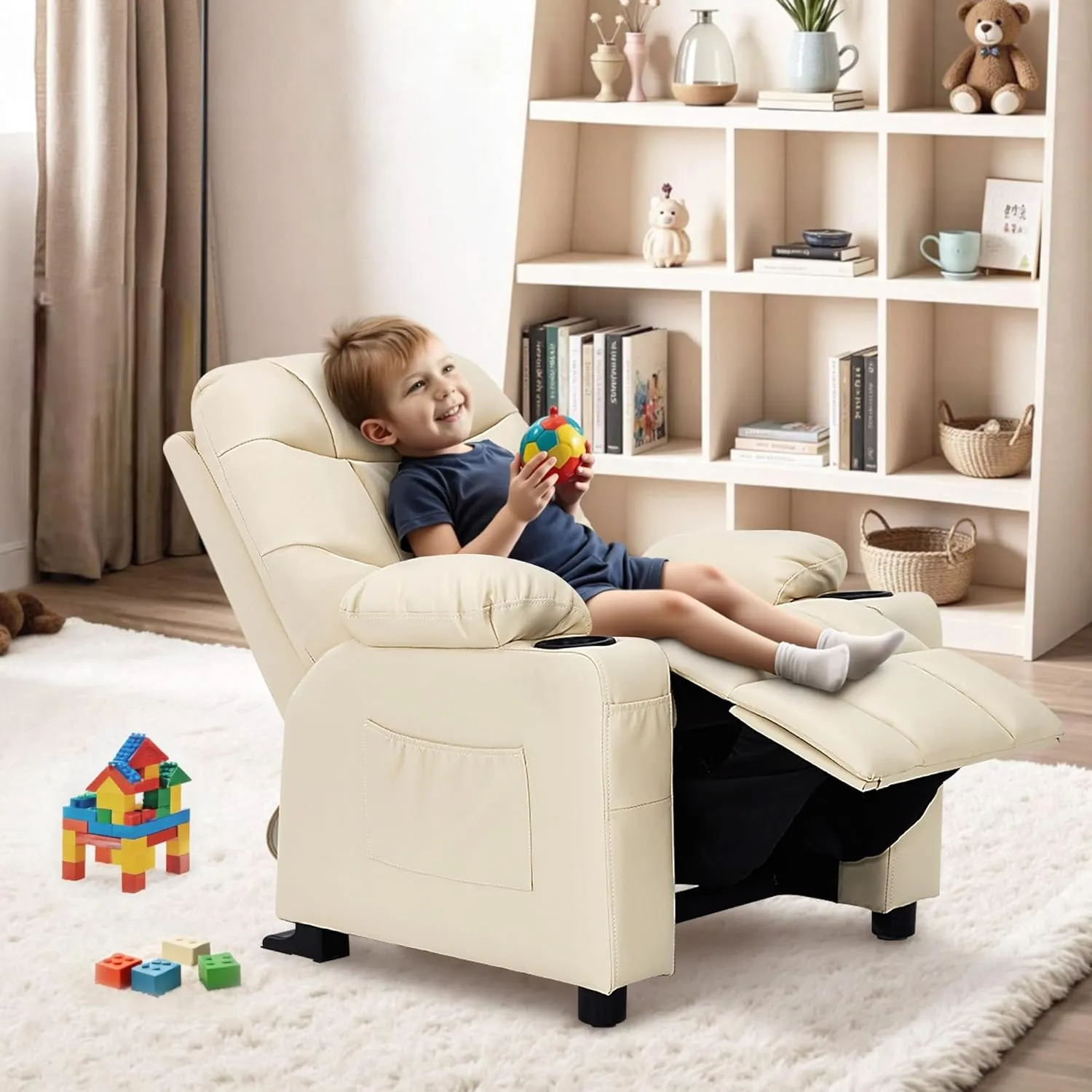 MCombo Big Kids Recliner for Ages 3 , Child Reclining Chair, Toddlers Recliner Sofa with Cup Holders (Faux Leather, Cream White)