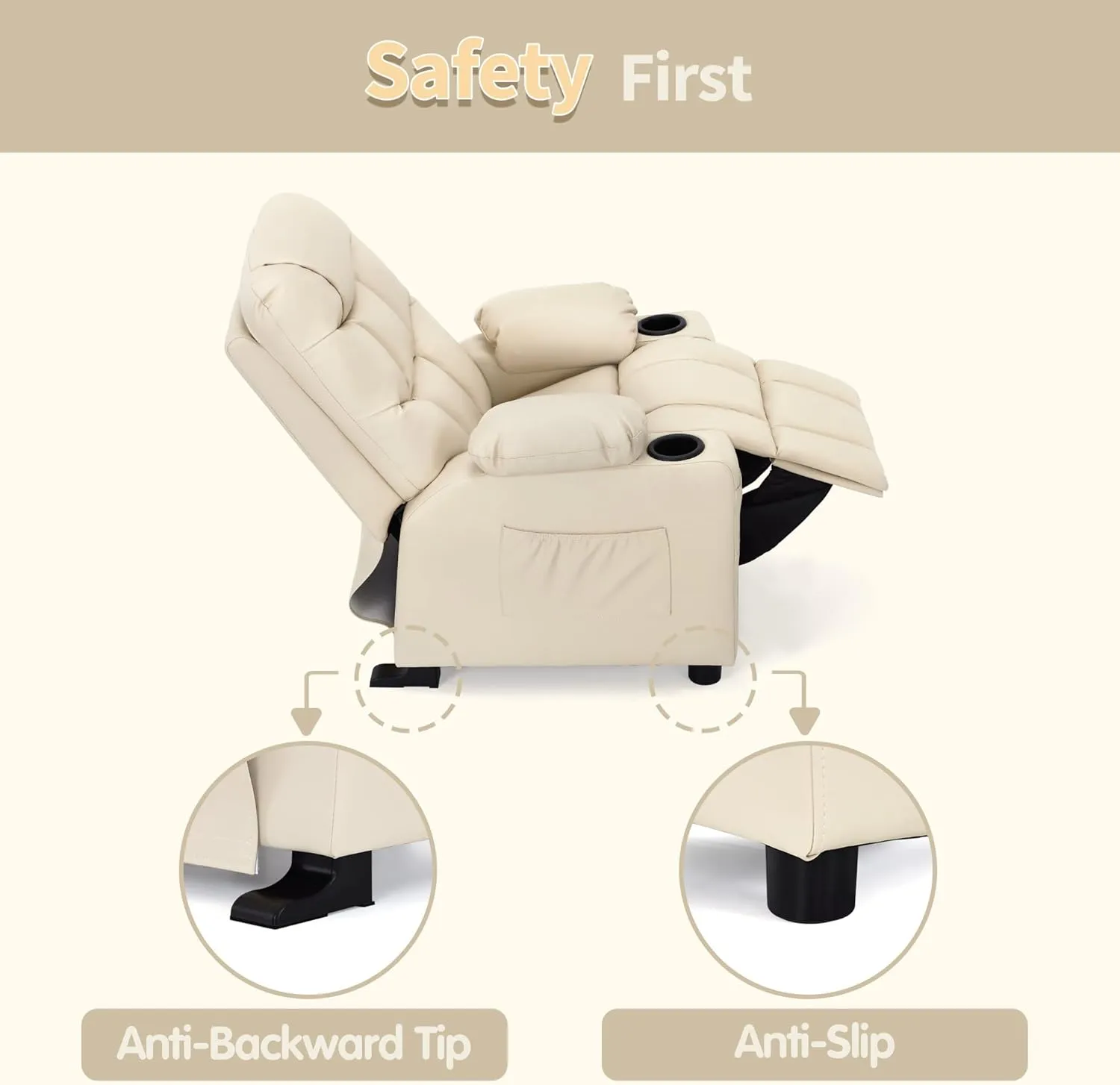 MCombo Big Kids Recliner for Ages 3 , Child Reclining Chair, Toddlers Recliner Sofa with Cup Holders (Faux Leather, Cream White)