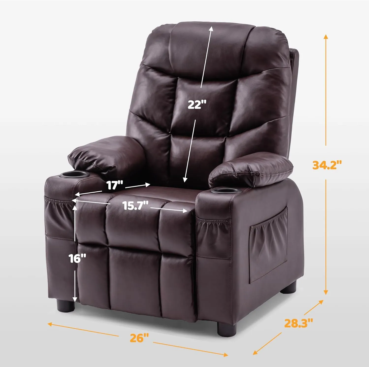MCombo Big Kids Recliner for Ages 3 , Child Reclining Chair, Toddlers Recliner Sofa with Cup Holders (Faux Leather, Dark Brown)