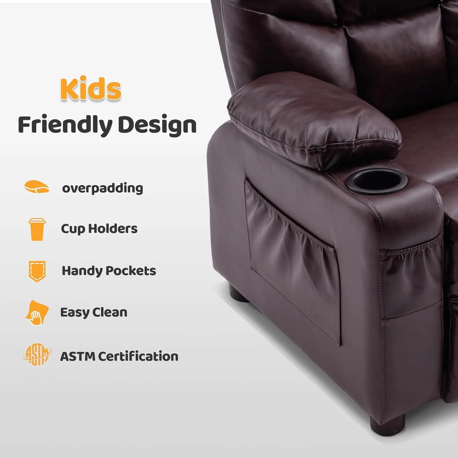 MCombo Big Kids Recliner for Ages 3 , Child Reclining Chair, Toddlers Recliner Sofa with Cup Holders (Faux Leather, Dark Brown)