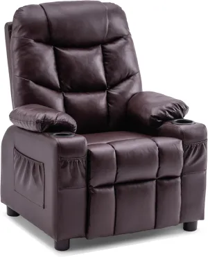 MCombo Big Kids Recliner for Ages 3 , Child Reclining Chair, Toddlers Recliner Sofa with Cup Holders (Faux Leather, Dark Brown)