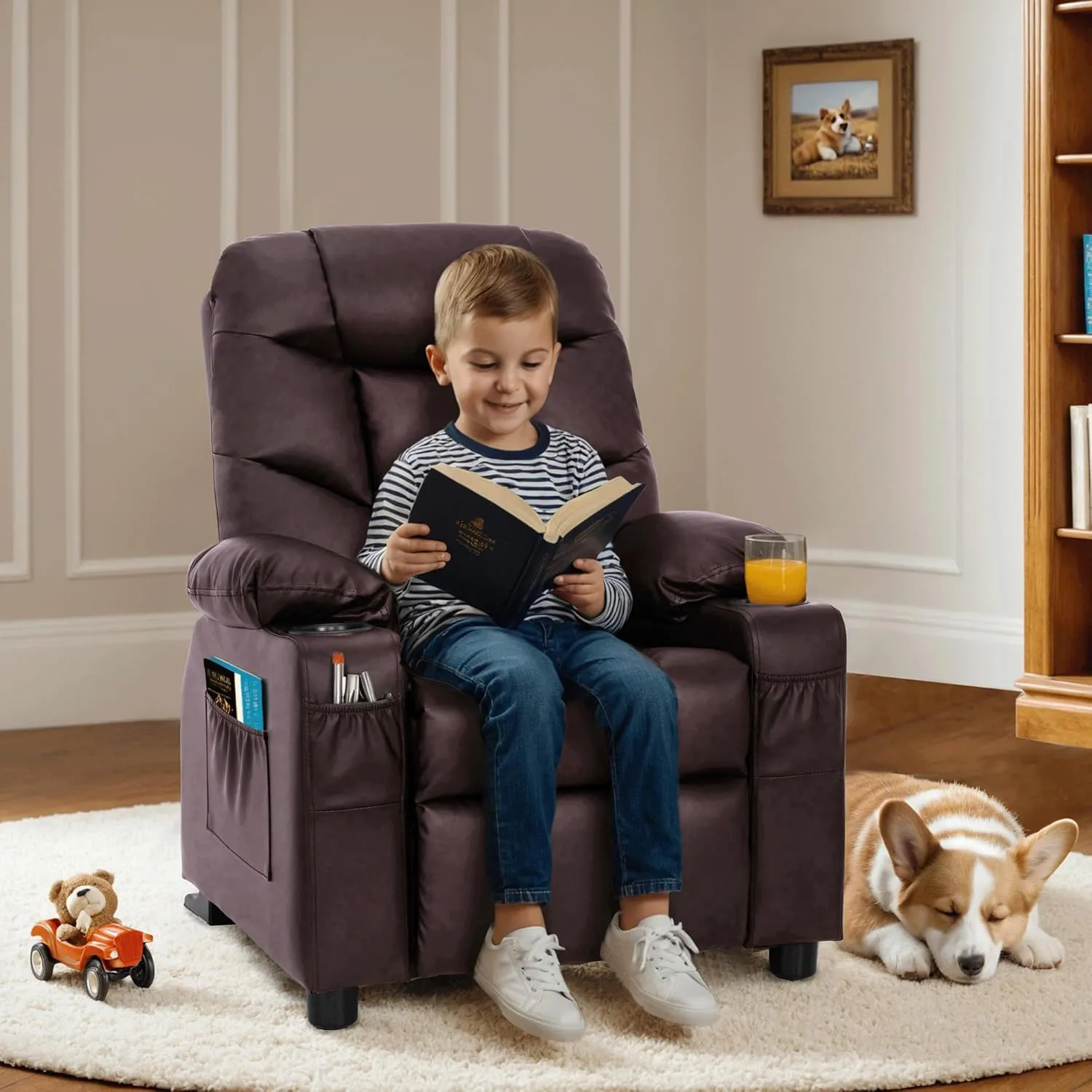 MCombo Big Kids Recliner for Ages 3 , Child Reclining Chair, Toddlers Recliner Sofa with Cup Holders (Faux Leather, Dark Brown)