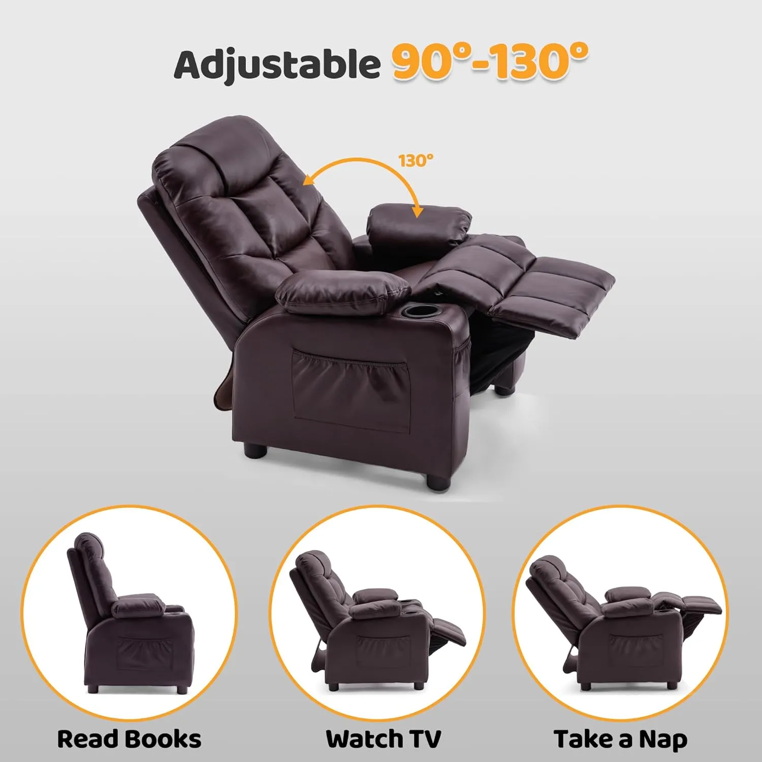 MCombo Big Kids Recliner for Ages 3 , Child Reclining Chair, Toddlers Recliner Sofa with Cup Holders (Faux Leather, Dark Brown)