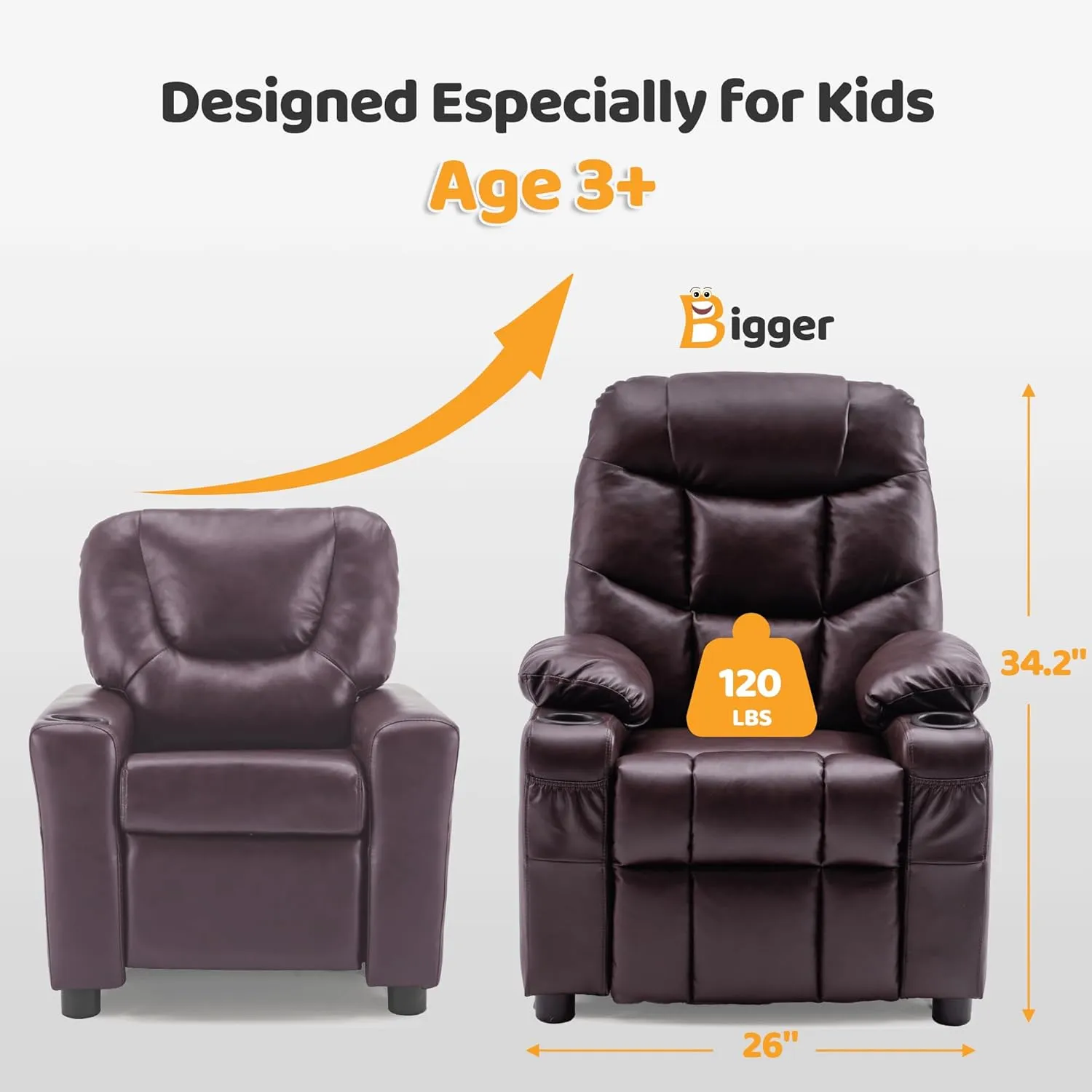 MCombo Big Kids Recliner for Ages 3 , Child Reclining Chair, Toddlers Recliner Sofa with Cup Holders (Faux Leather, Dark Brown)