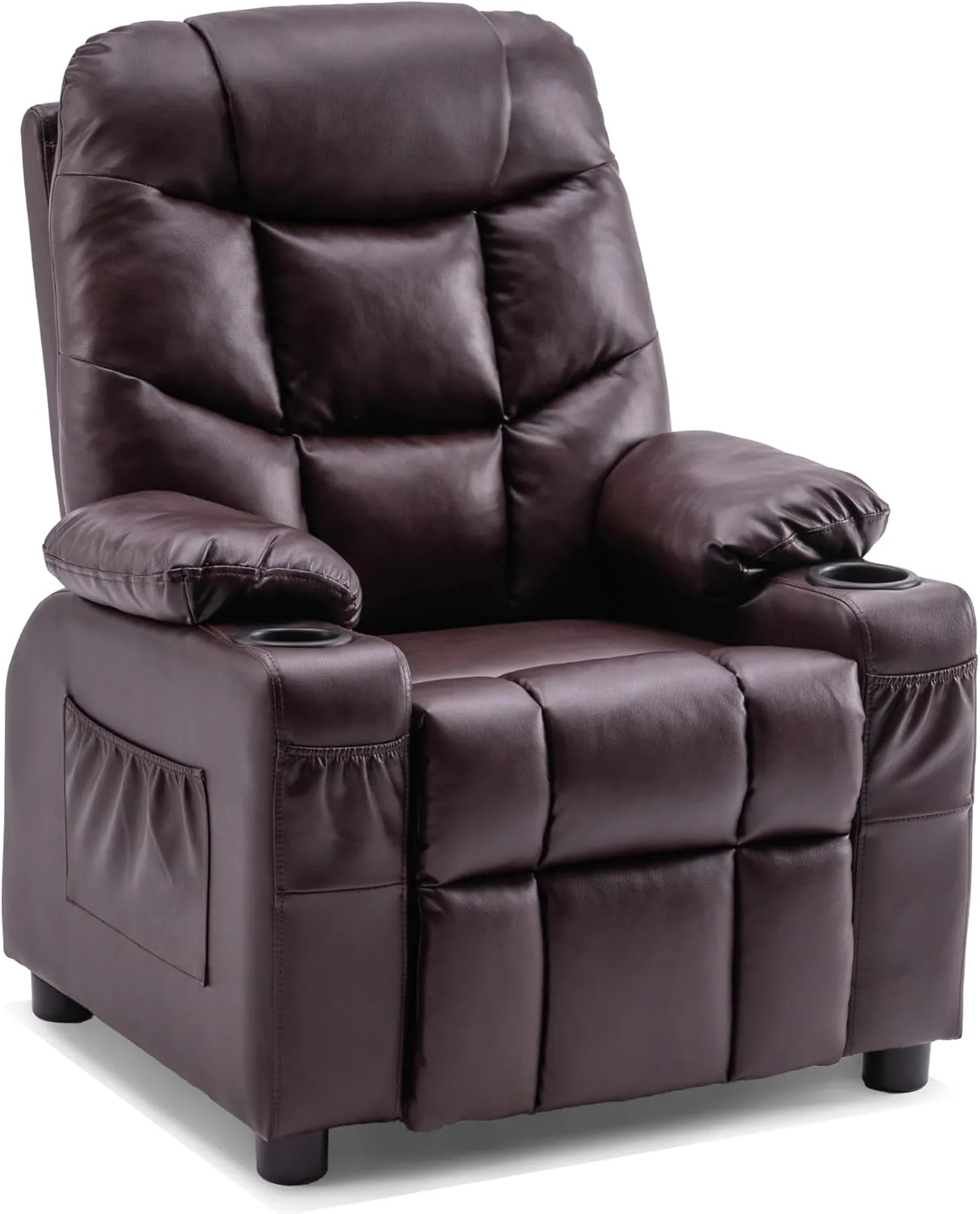 MCombo Big Kids Recliner for Ages 3 , Child Reclining Chair, Toddlers Recliner Sofa with Cup Holders (Faux Leather, Dark Brown)