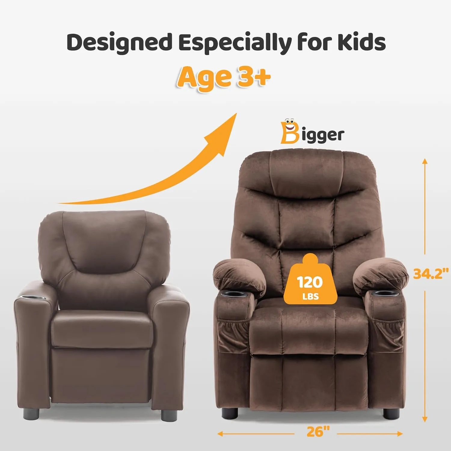 MCombo Big Kids Recliner for Ages 3 , Child Reclining Chair, Toddlers Recliner Sofa with Cup Holders (Velvet, Brown)