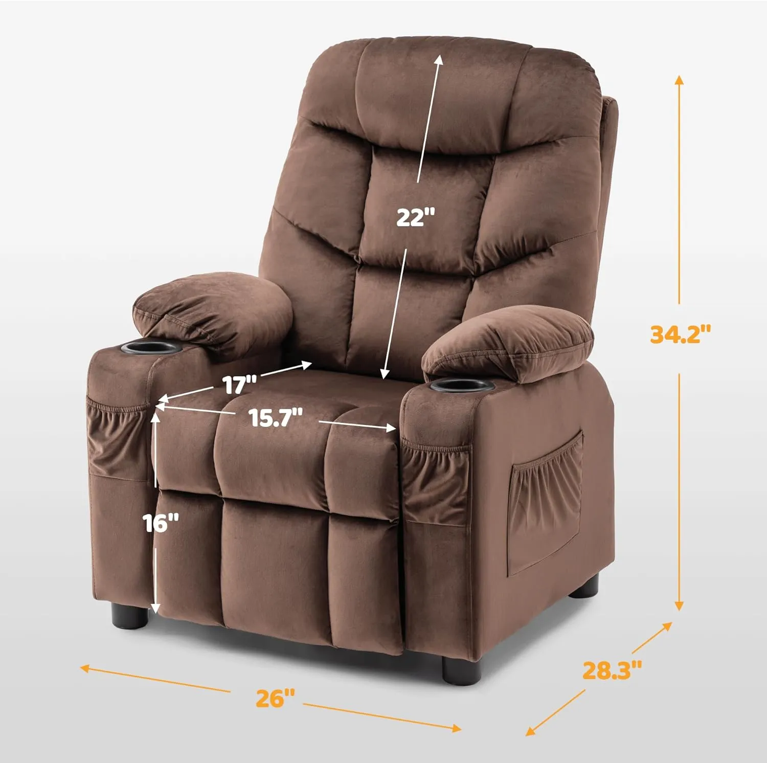 MCombo Big Kids Recliner for Ages 3 , Child Reclining Chair, Toddlers Recliner Sofa with Cup Holders (Velvet, Brown)