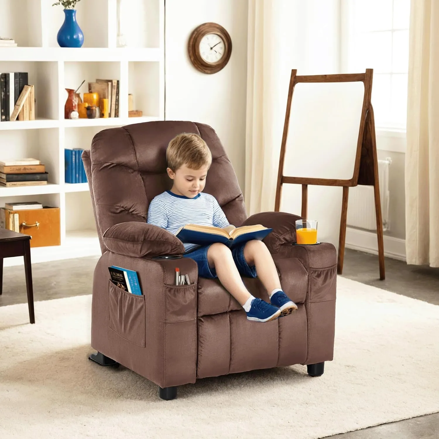 MCombo Big Kids Recliner for Ages 3 , Child Reclining Chair, Toddlers Recliner Sofa with Cup Holders (Velvet, Brown)
