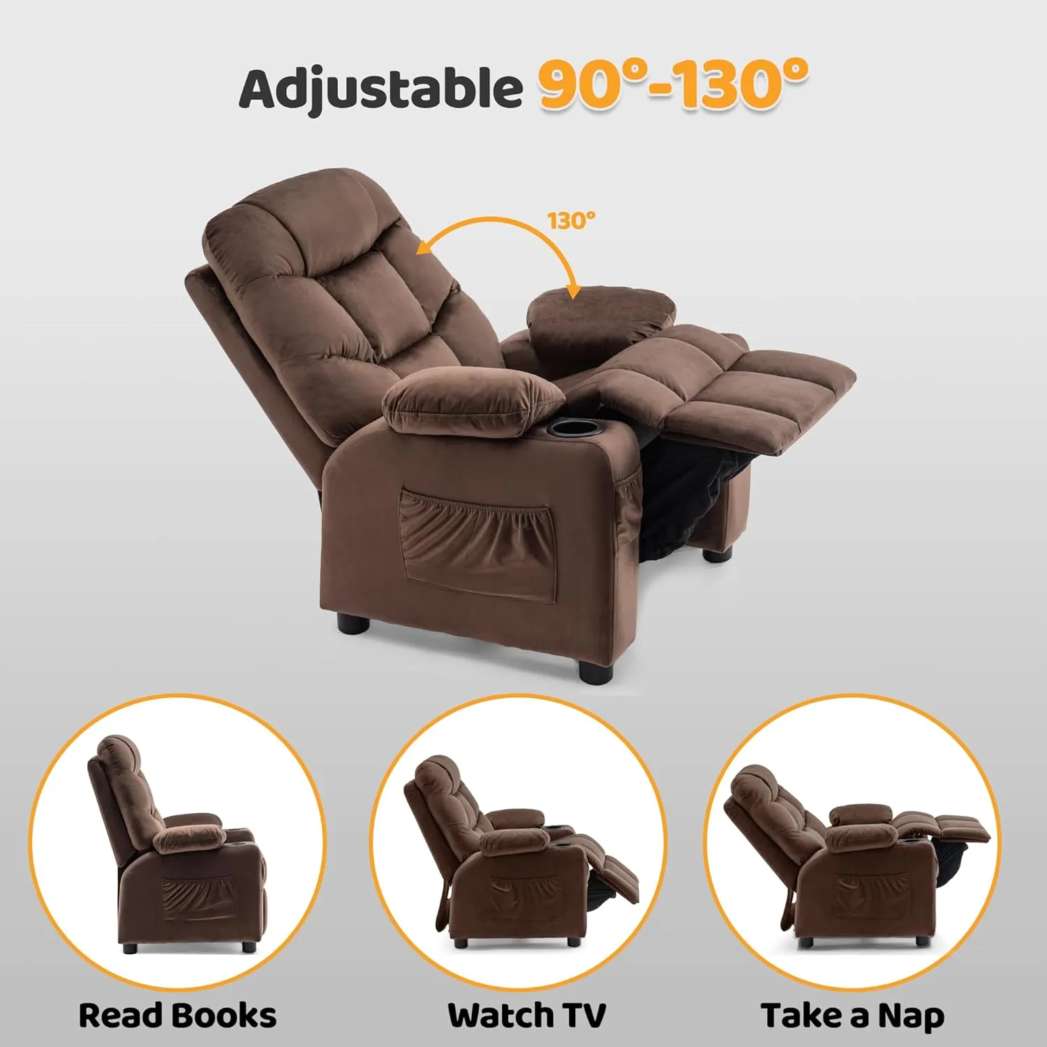 MCombo Big Kids Recliner for Ages 3 , Child Reclining Chair, Toddlers Recliner Sofa with Cup Holders (Velvet, Brown)