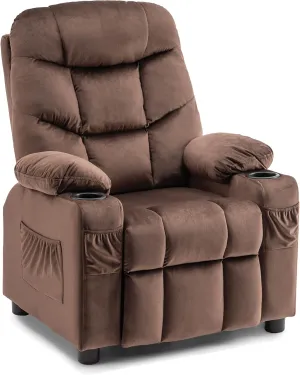 MCombo Big Kids Recliner for Ages 3 , Child Reclining Chair, Toddlers Recliner Sofa with Cup Holders (Velvet, Brown)