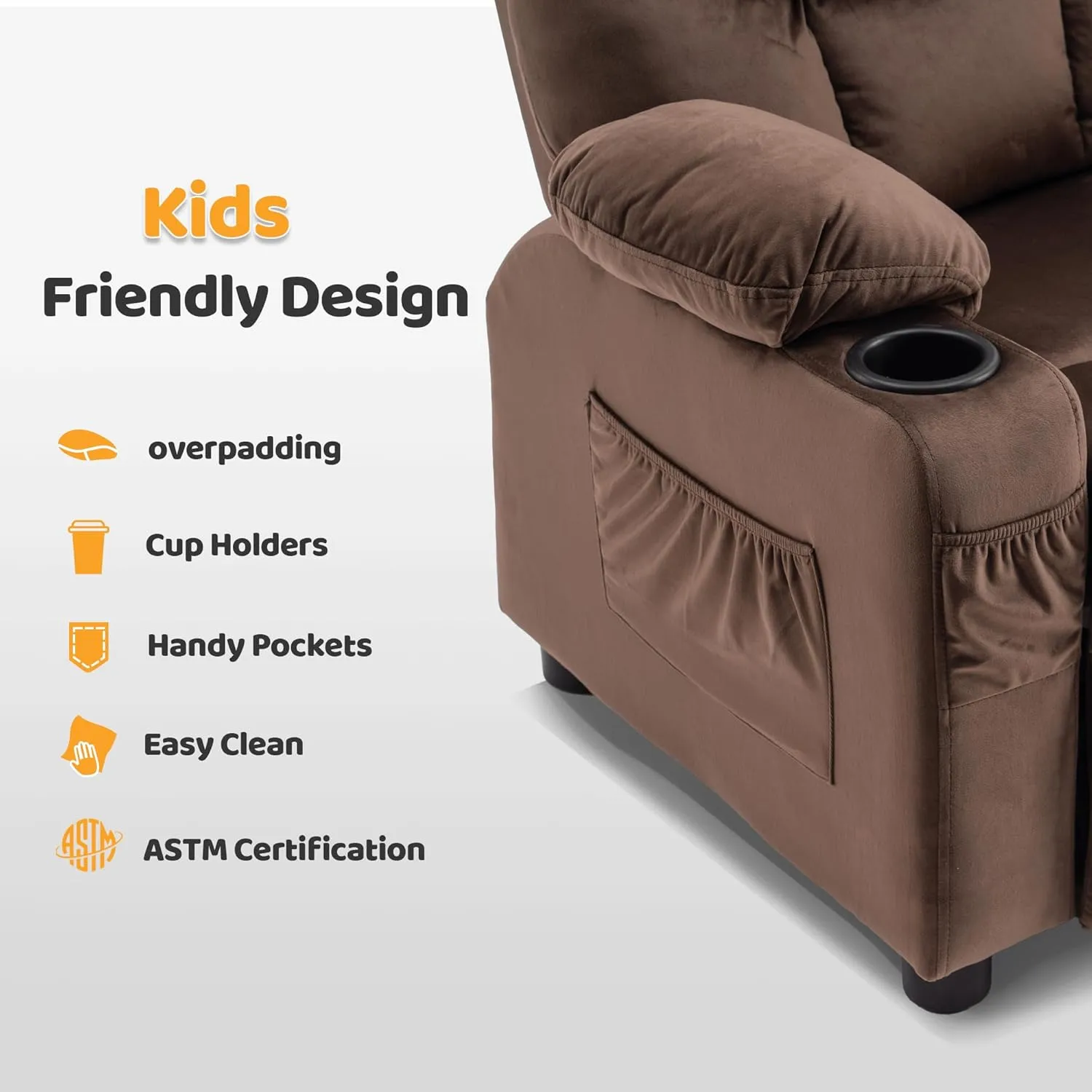 MCombo Big Kids Recliner for Ages 3 , Child Reclining Chair, Toddlers Recliner Sofa with Cup Holders (Velvet, Brown)