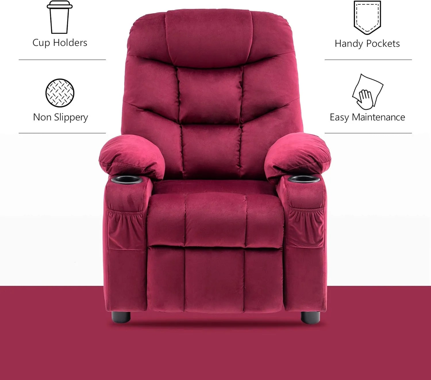 MCombo Big Kids Recliner for Ages 3 , Child Reclining Chair, Toddlers Recliner Sofa with Cup Holders (Velvet, Burgundy)
