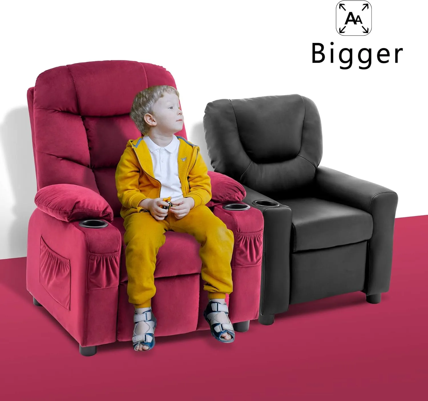 MCombo Big Kids Recliner for Ages 3 , Child Reclining Chair, Toddlers Recliner Sofa with Cup Holders (Velvet, Burgundy)