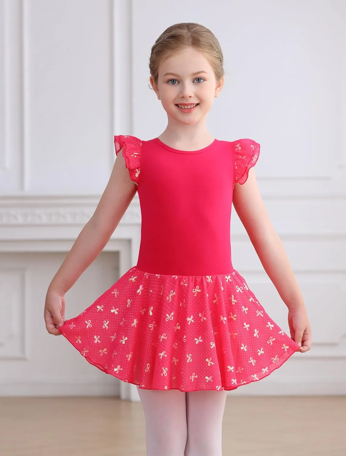 MdnMd Girls Ballet Toddler Dance Leotards Soft Ballerina Outfit Butterfly Skirt Hollow Back Ruffle Sleeve Dresses
